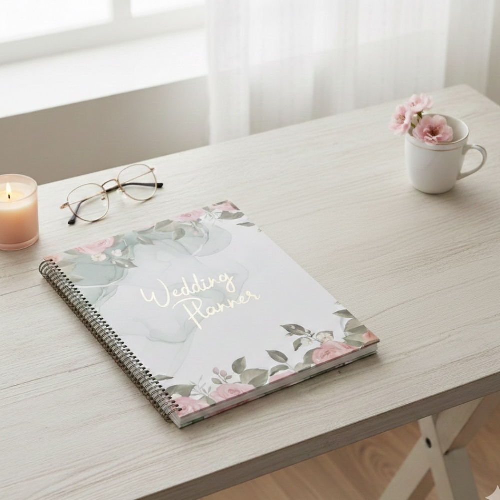 NIB Floral Wedding Planner Organizer Spiral Bound Gold Foil Lettering